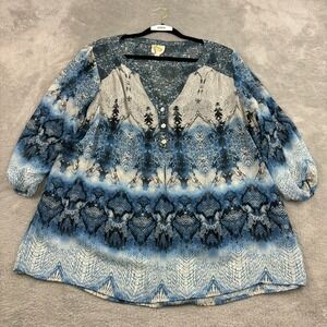 Anthropologie Fig and Flower Peasant Blouse Womens 1X Blue Mixed Media Sheer
